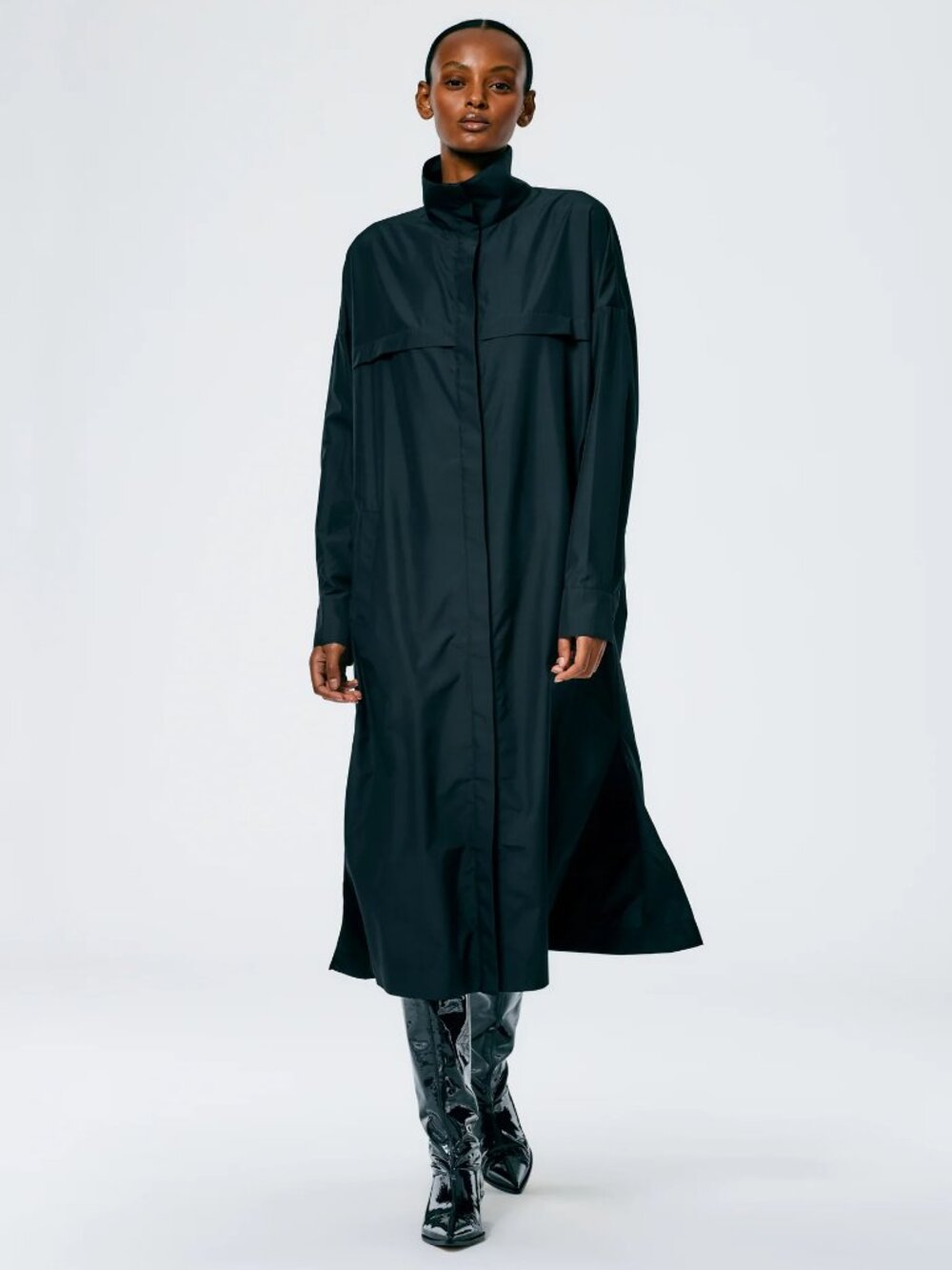 Tibi Italian Sporty Nylon Shirtdress, black, XXS, NWT